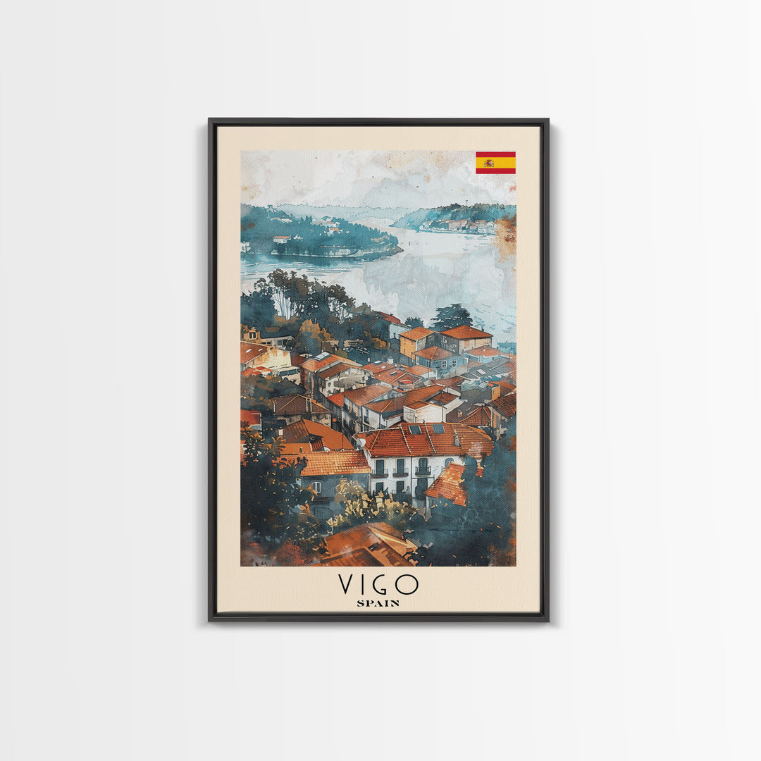 Vigo Spain Travel Poster Framed Canvas Print, Watercolor Painting, Coastal Wall Art, Home Decor, Spanish Seaside, Mediterranean Art