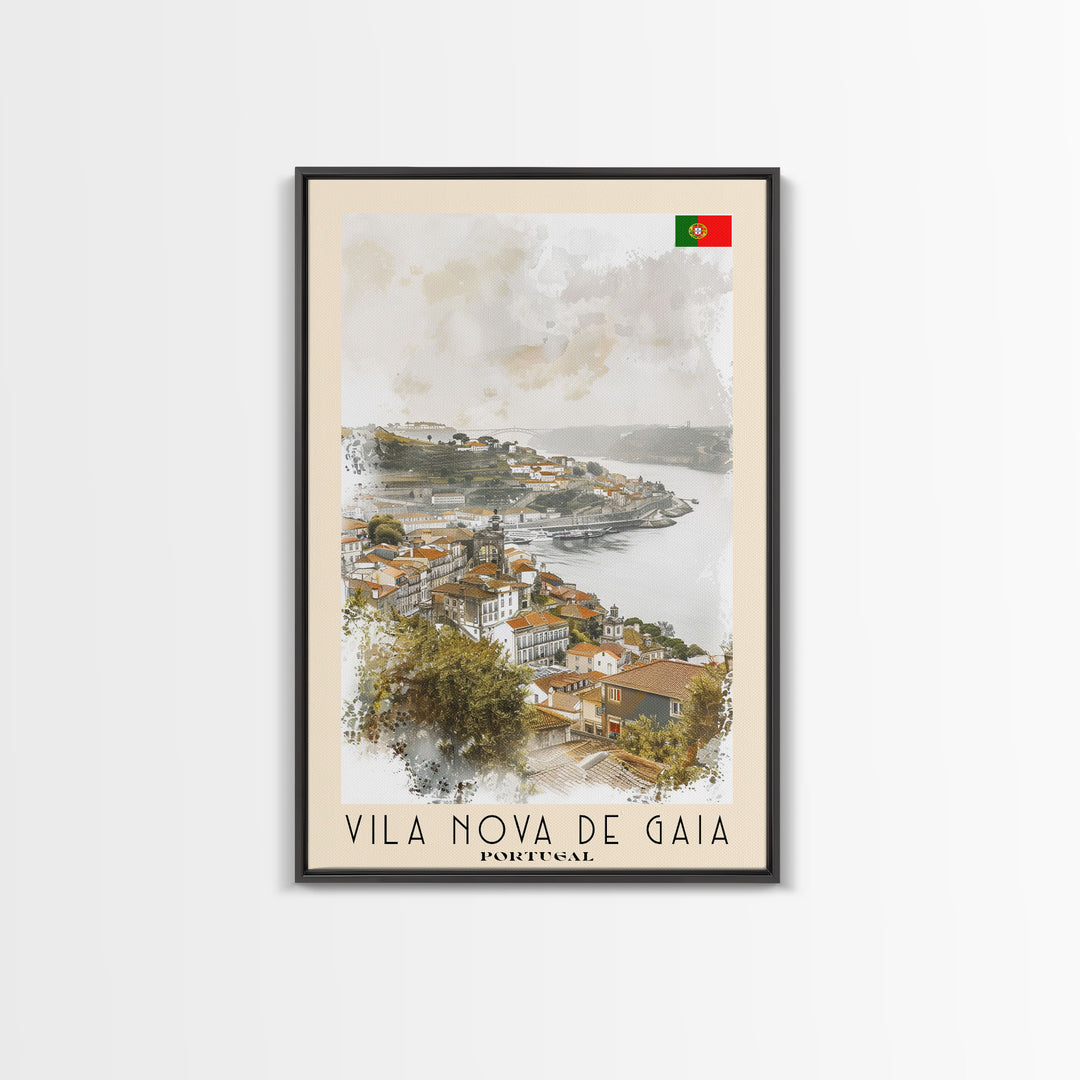 Vila Nova de Gaia Portugal Travel Poster Framed Canvas Print, Watercolor Painting, Scenic Wall Art, Home Decor, Portuguese Landscape, Vintage Art