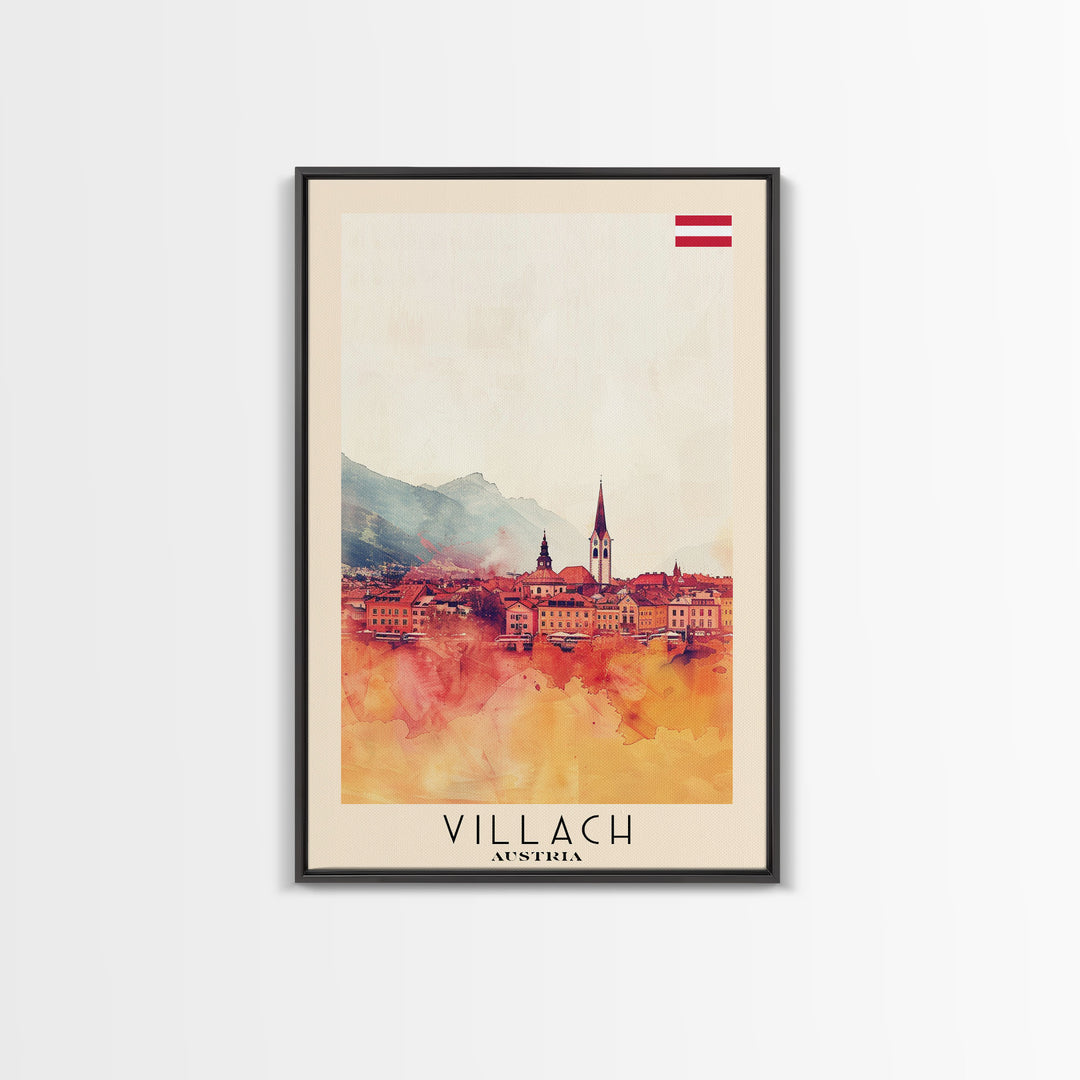 Villach Austria Travel Poster Framed Canvas Print, Watercolor Painting, Scenic Wall Art, Home Decor, Austrian Landscape, Alpine Art