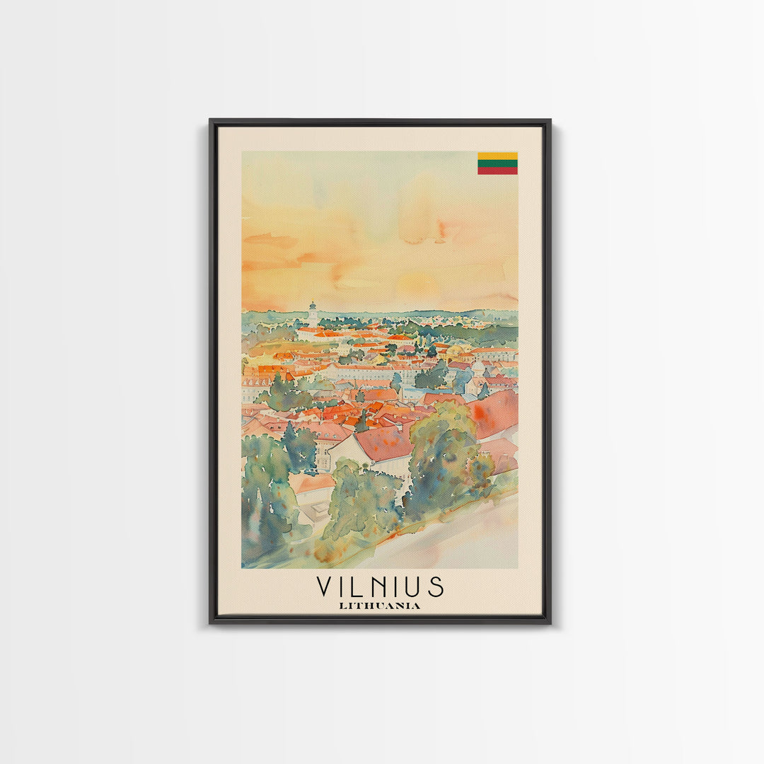 Vilnius Lithuania Travel Poster Framed Canvas Print, Watercolor Painting, Historic Wall Art, Home Decor, Lithuanian Architecture, Heritage Art