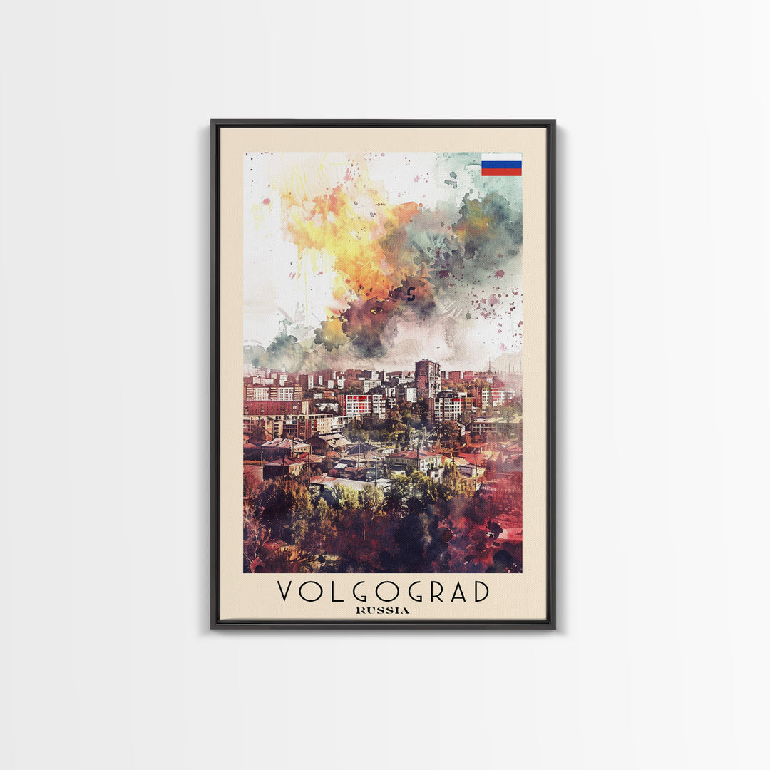 Volgograd Russia Travel Poster Framed Canvas Print, Watercolor Painting, Urban Wall Art, Home Decor, Russian Cityscape, Heritage Art