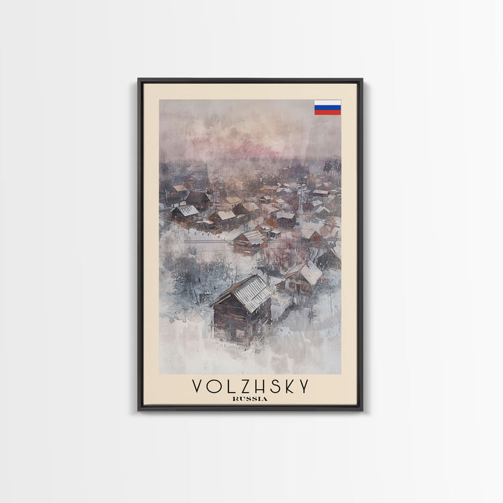 Volzhsky Russia Travel Poster Framed Canvas Print, Watercolor Painting, Urban Wall Art, Home Decor, Russian Cityscape, Classic Decor