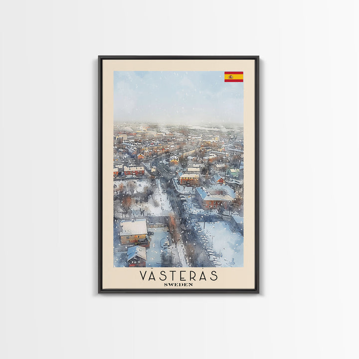 Vsters Sweden Travel Poster Framed Canvas Print, Watercolor Painting, Urban Wall Art, Home Decor, Swedish Cityscape, Modern Art