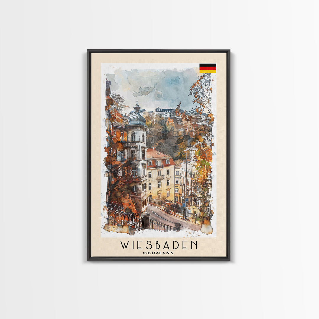 Wiesbaden Germany Travel Poster Framed Canvas Print, Watercolor Painting, Scenic Wall Art, Home Decor, German Cityscape, Artistic Gift