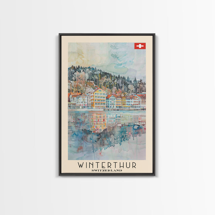 Winterthur Switzerland Travel Poster Framed Canvas Print, Watercolor Painting, Scenic Wall Art, Home Decor, Swiss Landscape, Thoughtful Gift