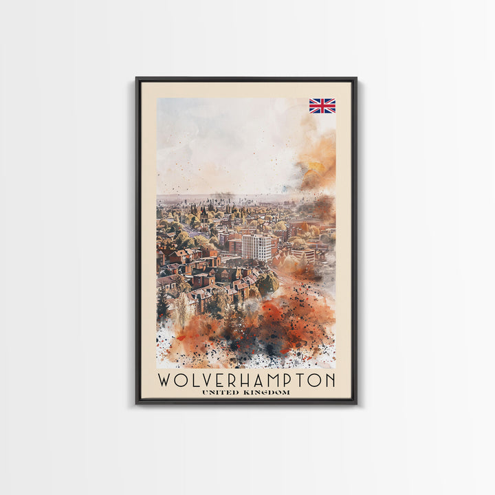 Wolverhampton United Kingdom Travel Poster Framed Canvas Print, Watercolor Painting, Urban Wall Art, Home Decor, British Cityscape, Gift for Art Lovers