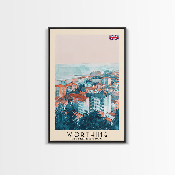 Worthing United Kingdom Travel Poster Framed Canvas Print, Watercolor Painting, Coastal Wall Art, Home Decor, British Seaside, Nautical Gift