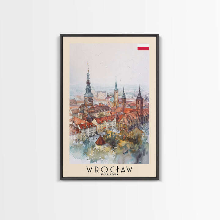 Wrocław Poland Travel Poster Framed Canvas Print, Watercolor Painting, Urban Wall Art, Home Decor, Polish Cityscape, Special Gift