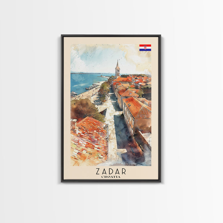 Zadar Croatia Travel Poster Framed Canvas Print, Watercolor Painting, Coastal Wall Art, Home Decor, Croatian Seaside, Nautical Gift