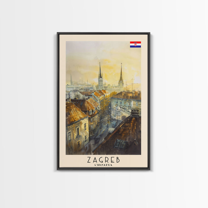 Zagreb Croatia Travel Poster Framed Canvas Print, Watercolor Painting, Urban Wall Art, Home Decor, Croatian Cityscape, Gift for Travelers