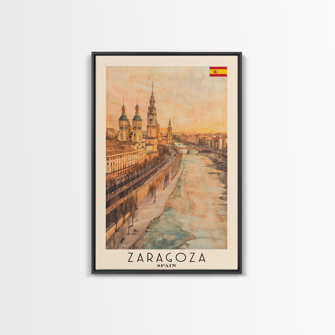 Zaragoza Spain Travel Poster Framed Canvas Print, Watercolor Painting, Urban Wall Art, Home Decor, Spanish Cityscape, Artistic Gift