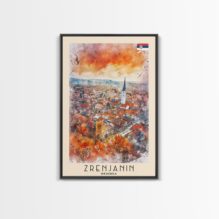 Zrenjanin Serbia Travel Poster Framed Canvas Print, Watercolor Painting, Scenic Wall Art, Home Decor, Serbian Landscape, Unique Gift