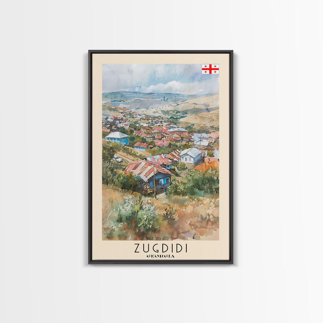 Zugdidi Georgia Travel Poster Framed Canvas Print, Watercolor Painting, Scenic Wall Art, Home Decor, Georgian Landscape, Thoughtful Gift