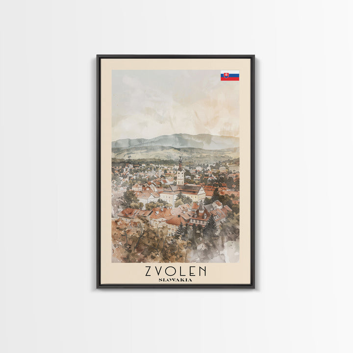 Zvolen Slovakia Travel Poster Framed Canvas Print, Watercolor Painting, Scenic Wall Art, Home Decor, Slovakian Landscape, Artistic Gift