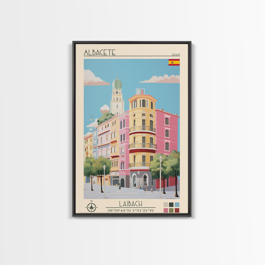 Albacete Spain Travel Poster Framed Canvas Print, Midcentury Modern Art, Pop Art Decor, Scenic View Wall Art, Vacation Gift, Home Decoration, Living Room Print