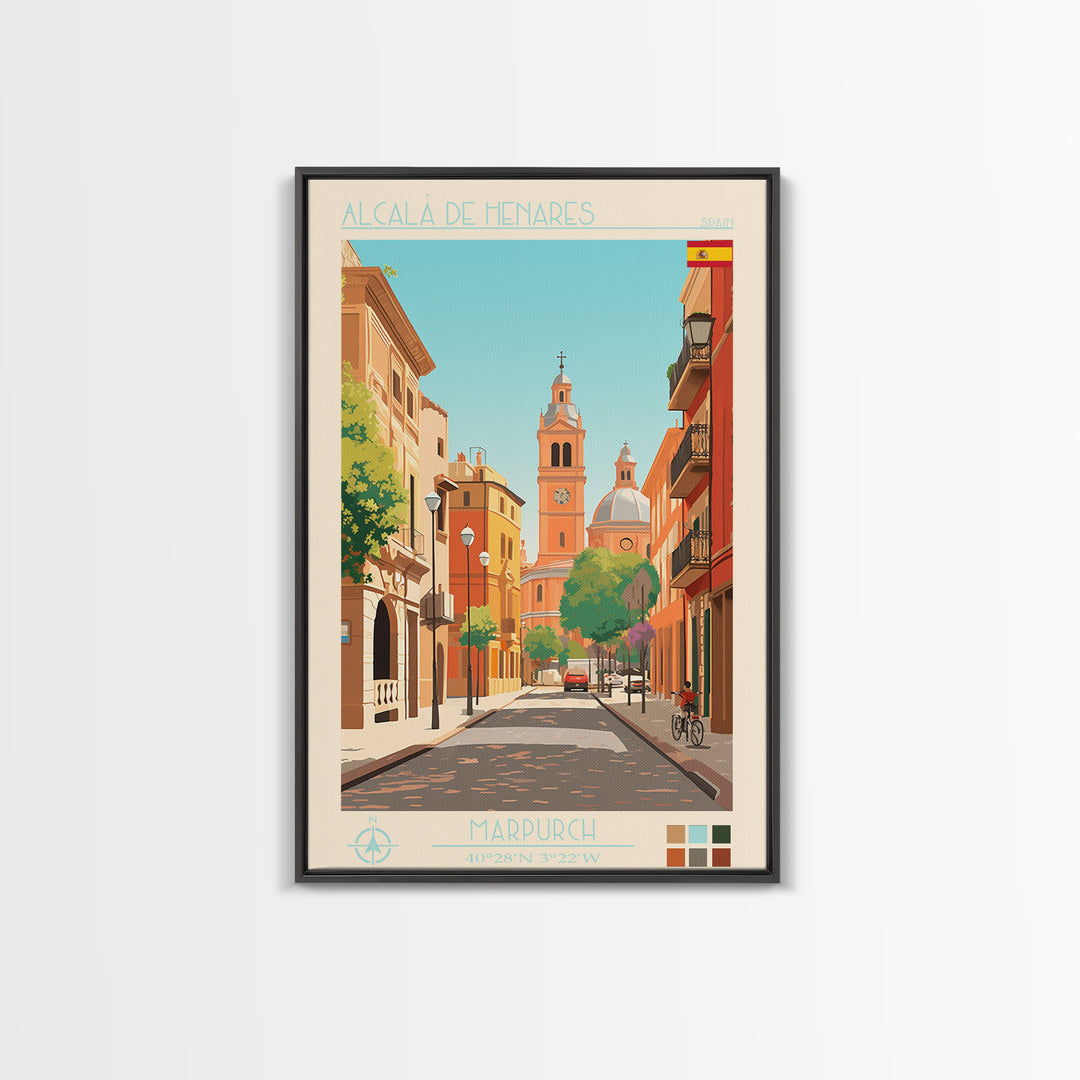 Alcalá de Henares Spain Travel Poster Framed Canvas Print, Midcentury Modern Art, Pop Art Decor, Wall Art, Vacation Gift, Living Room Decoration, Scenic Print