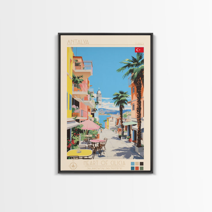 Antalya Turkey Travel Poster Framed Canvas Print, Midcentury Modern Art, Pop Art Wall Decor, Home Decor, Vacation Gift, Living Room Art