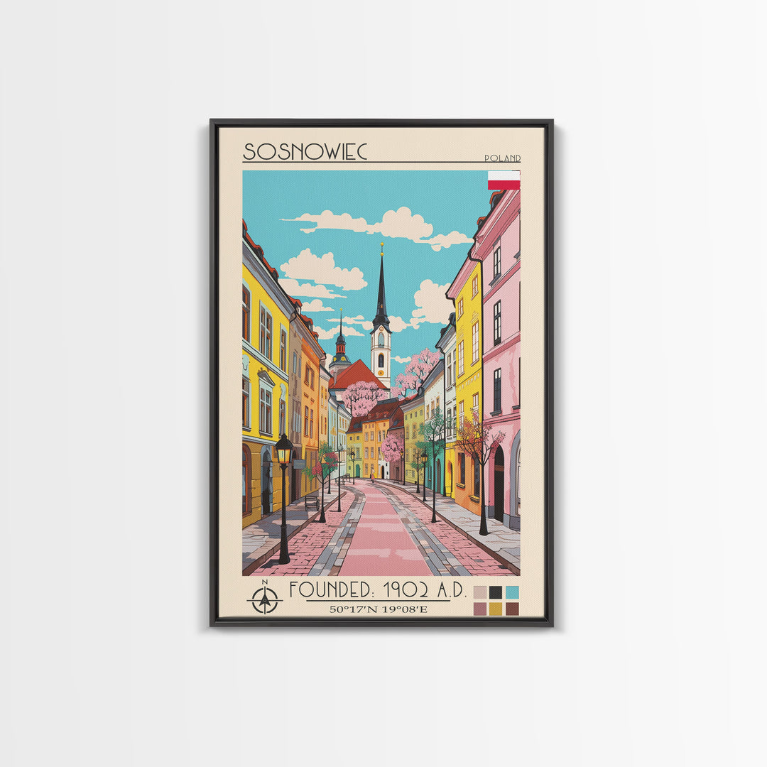 Sosnowiec Poland Travel Poster Framed Canvas Print, Midcentury Modern Art, Pop Art Wall Decor, Home Decor, Living Room Art