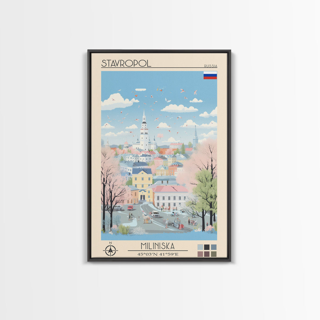 Stavropol Russia Travel Poster Framed Canvas Print, Midcentury Modern Art, Pop Art Wall Decor, Living Room Art, Vacation Gift