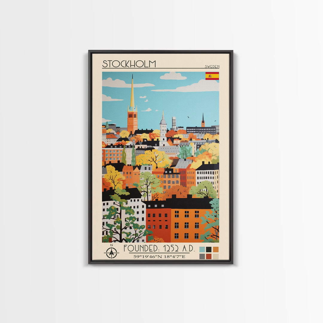 Stockholm Sweden Travel Poster Framed Canvas Print, Midcentury Modern Art, Pop Art Wall Decor, Living Room Art, Scenic Wall Art