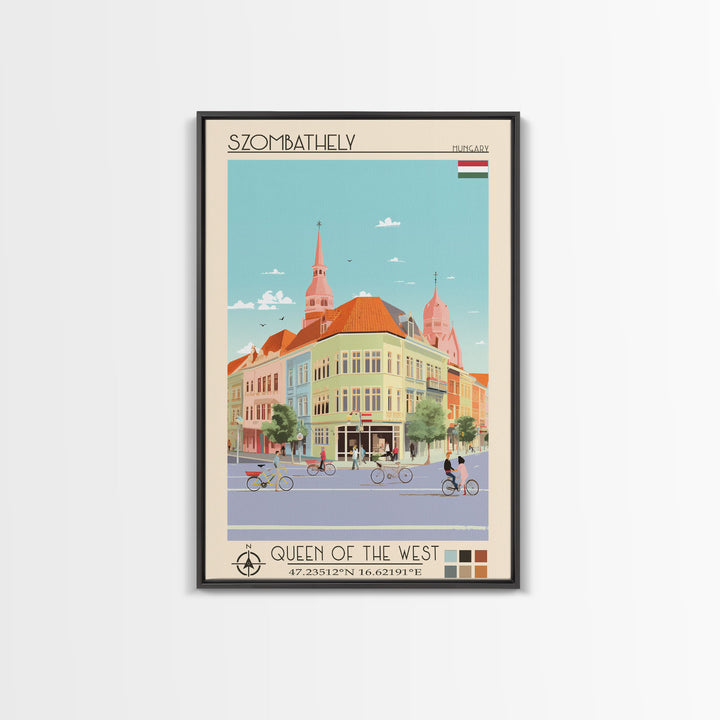 Szombathely Hungary Travel Poster Framed Canvas Print, Midcentury Modern Art, Pop Art Wall Decor, Living Room Art, Scenic Wall Art