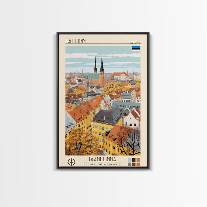 Tallinn Estonia Travel Poster Framed Canvas Print, Midcentury Modern Art, Pop Art Wall Decor, Living Room Art, Home Decoration