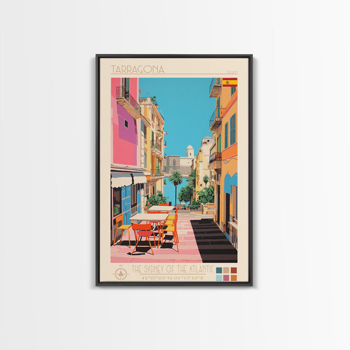 Tarragona Spain Travel Poster Framed Canvas Print, Midcentury Modern Art, Pop Art Wall Decor, Living Room Art, Scenic Wall Art