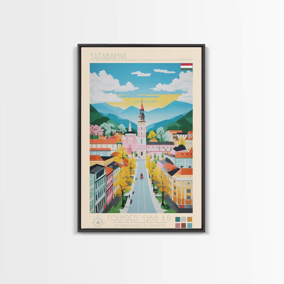 Tatabánya Hungary Travel Poster Framed Canvas Print, Midcentury Modern Art, Pop Art Wall Decor, Living Room Art, Vacation Gift