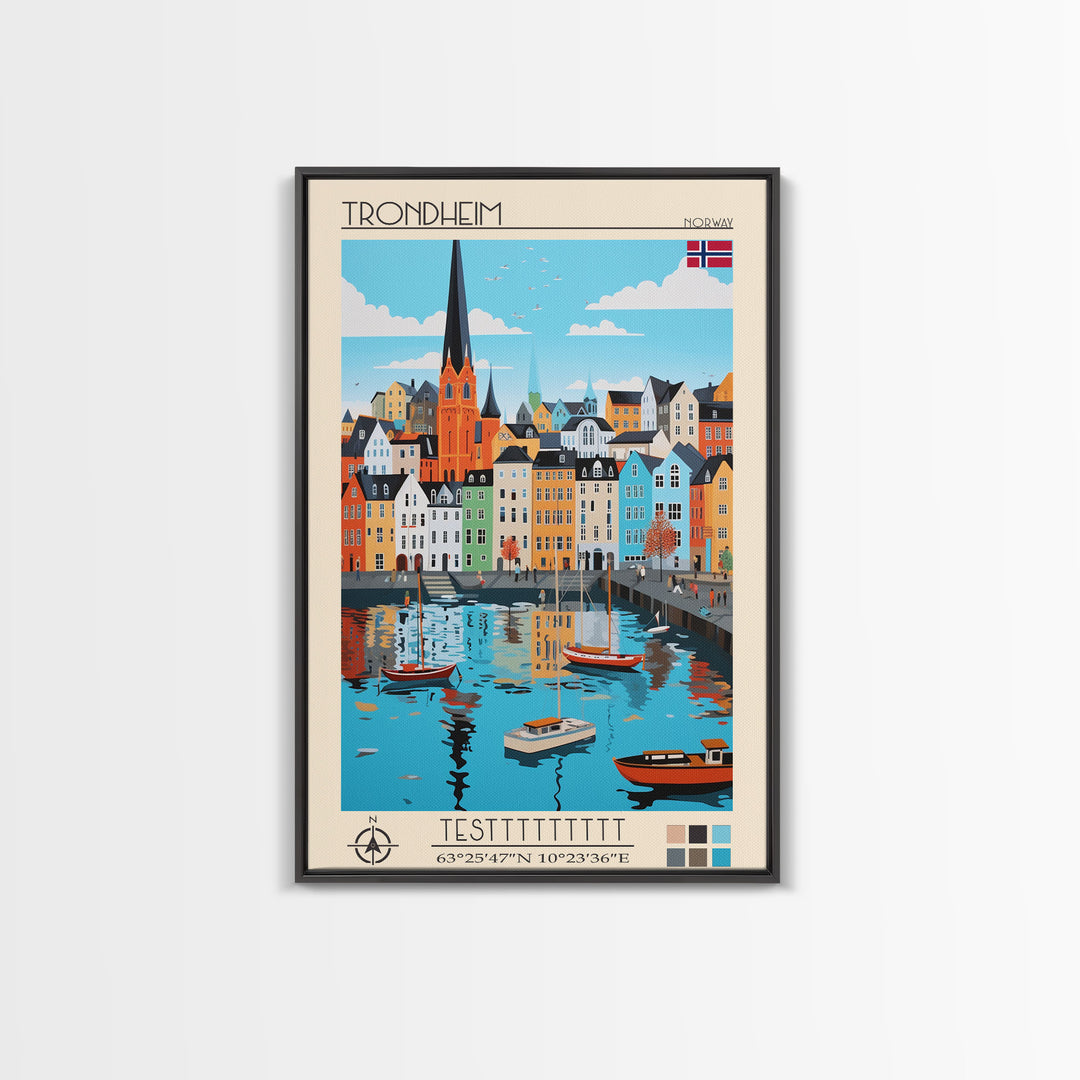 Trondheim Norway Travel Poster Framed Canvas Print, Midcentury Modern Art, Pop Art Wall Decor, Living Room Art, Home Decoration