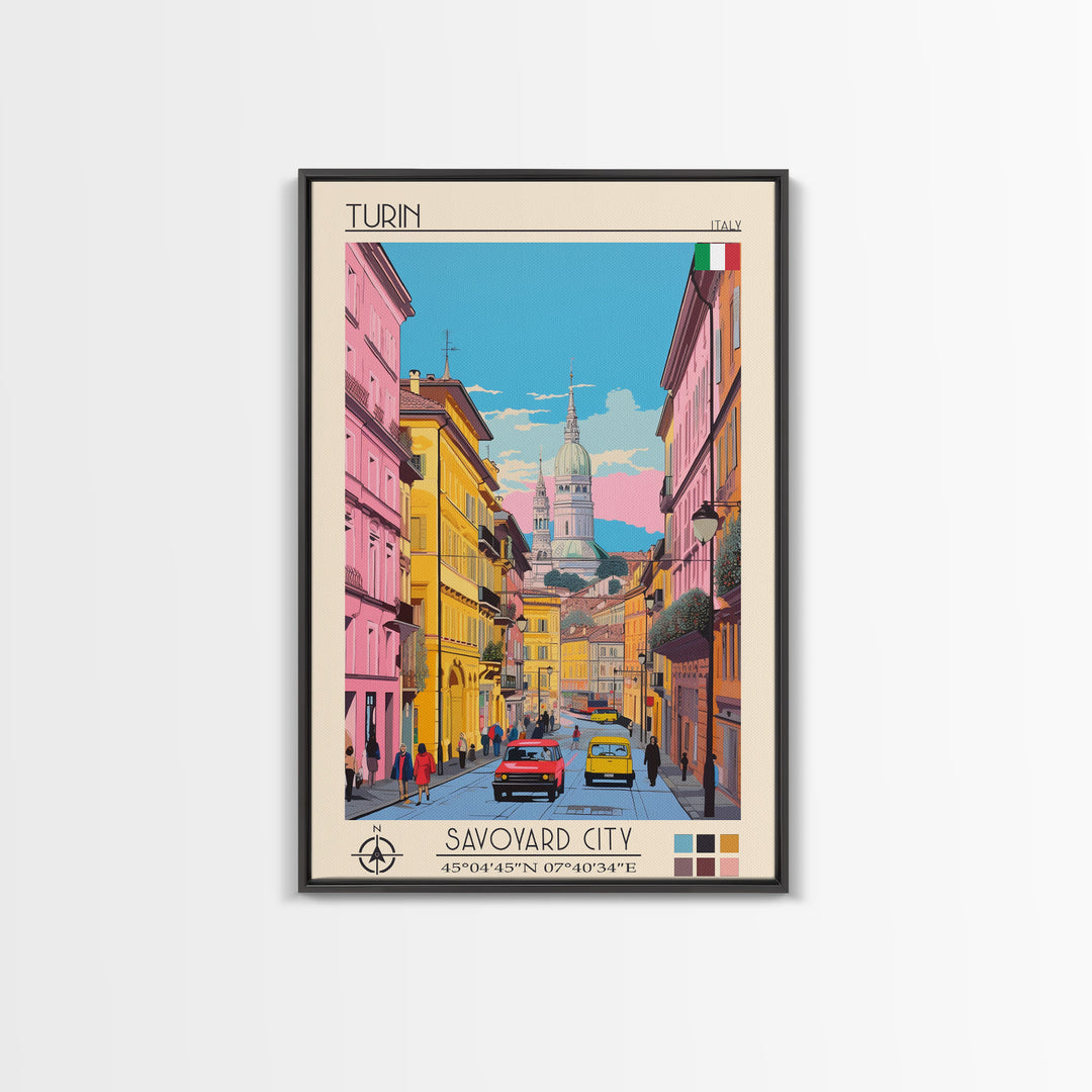 Turin Italy Travel Poster Framed Canvas Print, Midcentury Modern Art, Pop Art Wall Decor, Living Room Art, Home Decoration