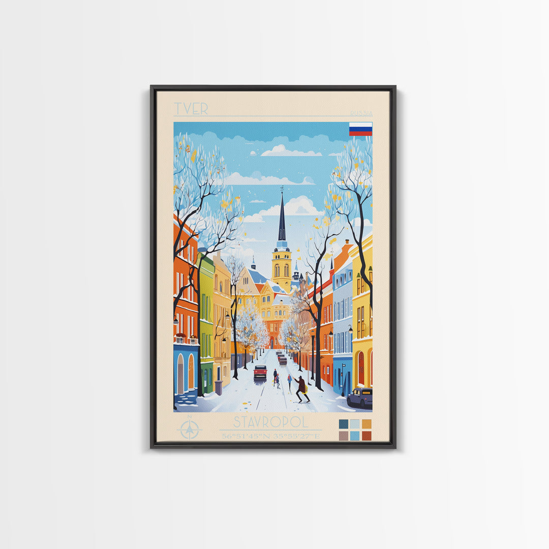 Tver Russia Travel Poster Framed Canvas Print, Midcentury Modern Art, Pop Art Wall Decor, Living Room Art, Home Decoration