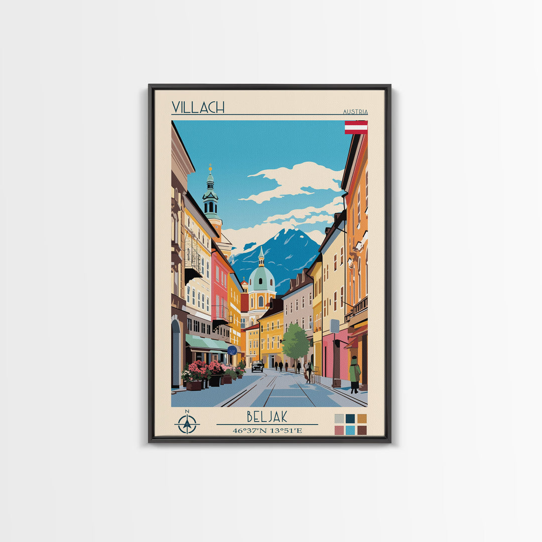 Villach Austria Travel Poster Framed Canvas Print, Midcentury Modern Art, Pop Art Wall Decor, Living Room Art, Scenic Wall Art