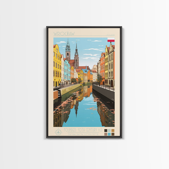 Wrocław Poland Travel Poster Framed Canvas Print, Midcentury Modern Art, Pop Art Wall Decor, Living Room Art, Scenic Wall Art