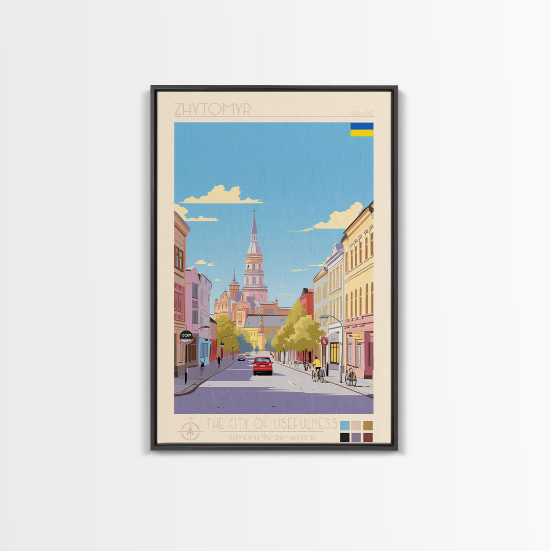 Zhytomyr Ukraine Travel Poster Framed Canvas Print, Midcentury Modern Art, Pop Art Wall Decor, Living Room Art, Home Decoration