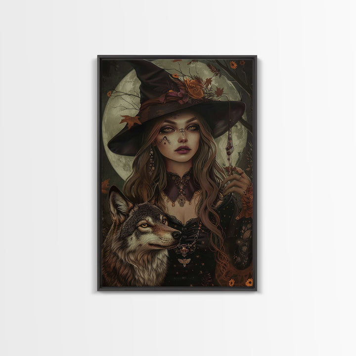 The Witch And The Wolf, Spooky Halloween Wall Art Framed Canvas Print, Spooky Season, Witch Painting, Halloween Decor and Art, Seasonal