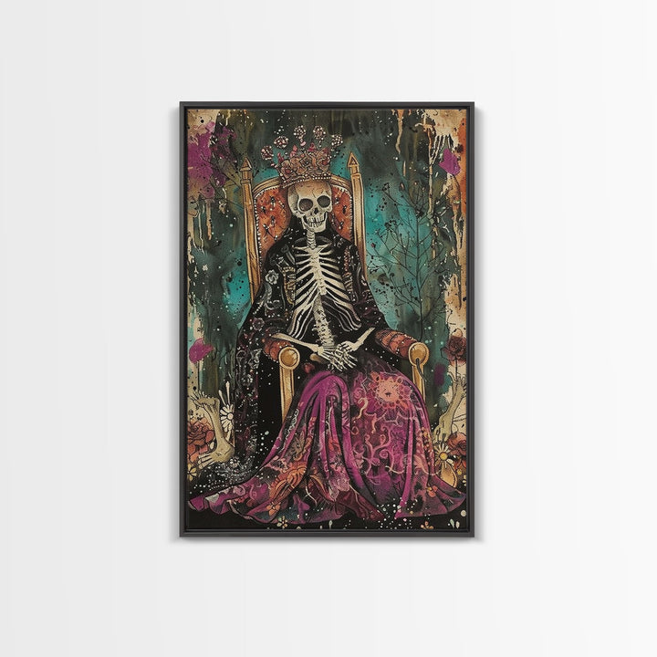 Skeleton King in Regal Throne Framed Canvas Print, Royalty Decor, Halloween Skeleton Art, Haunted Mansion Wall Art, Gothic Skeleton Print