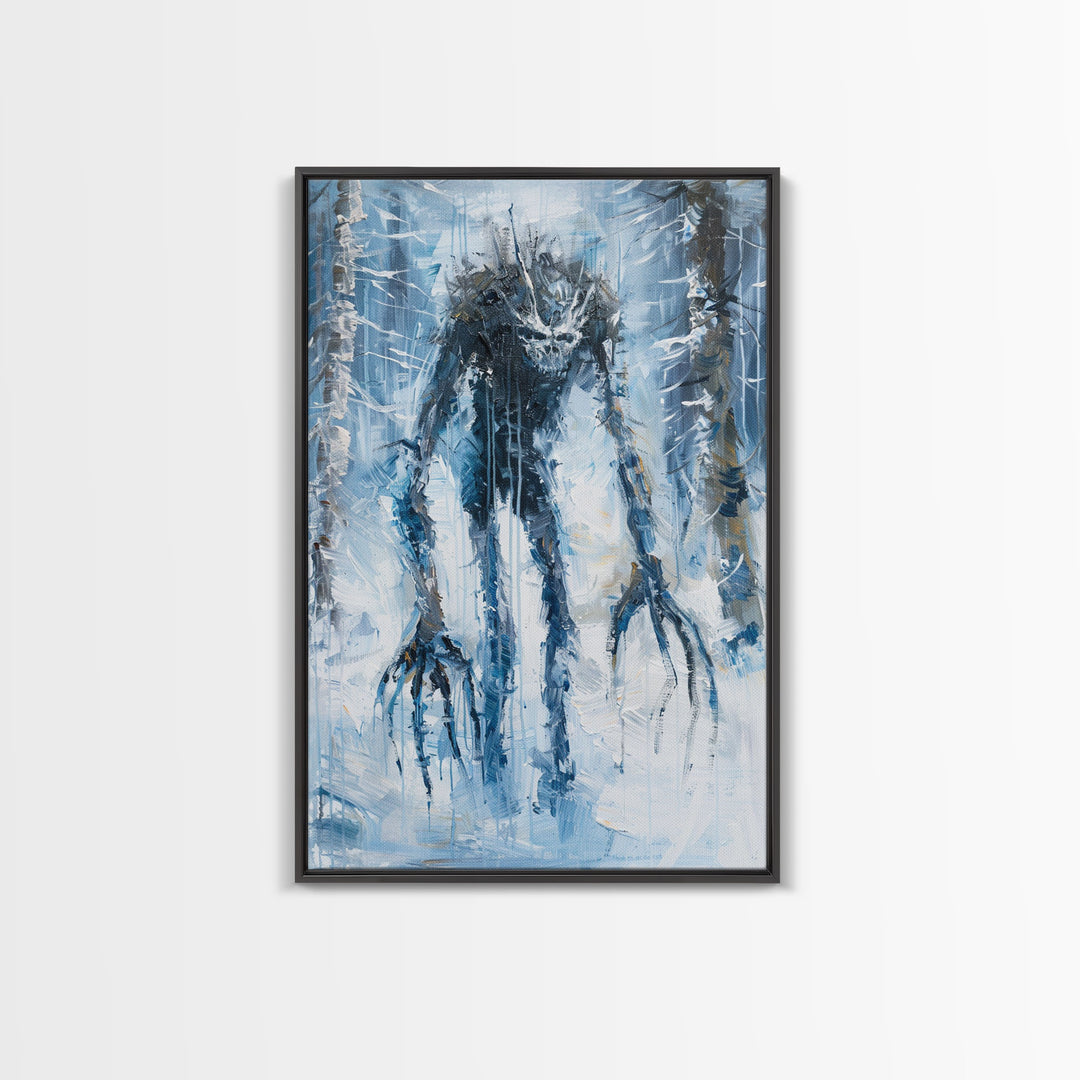 Wendigo in Winter Woods Framed Canvas Print, Eerie Winter Monster Decor, Halloween Creature Art Haunted Forest Wall Art Spooky Monster Print