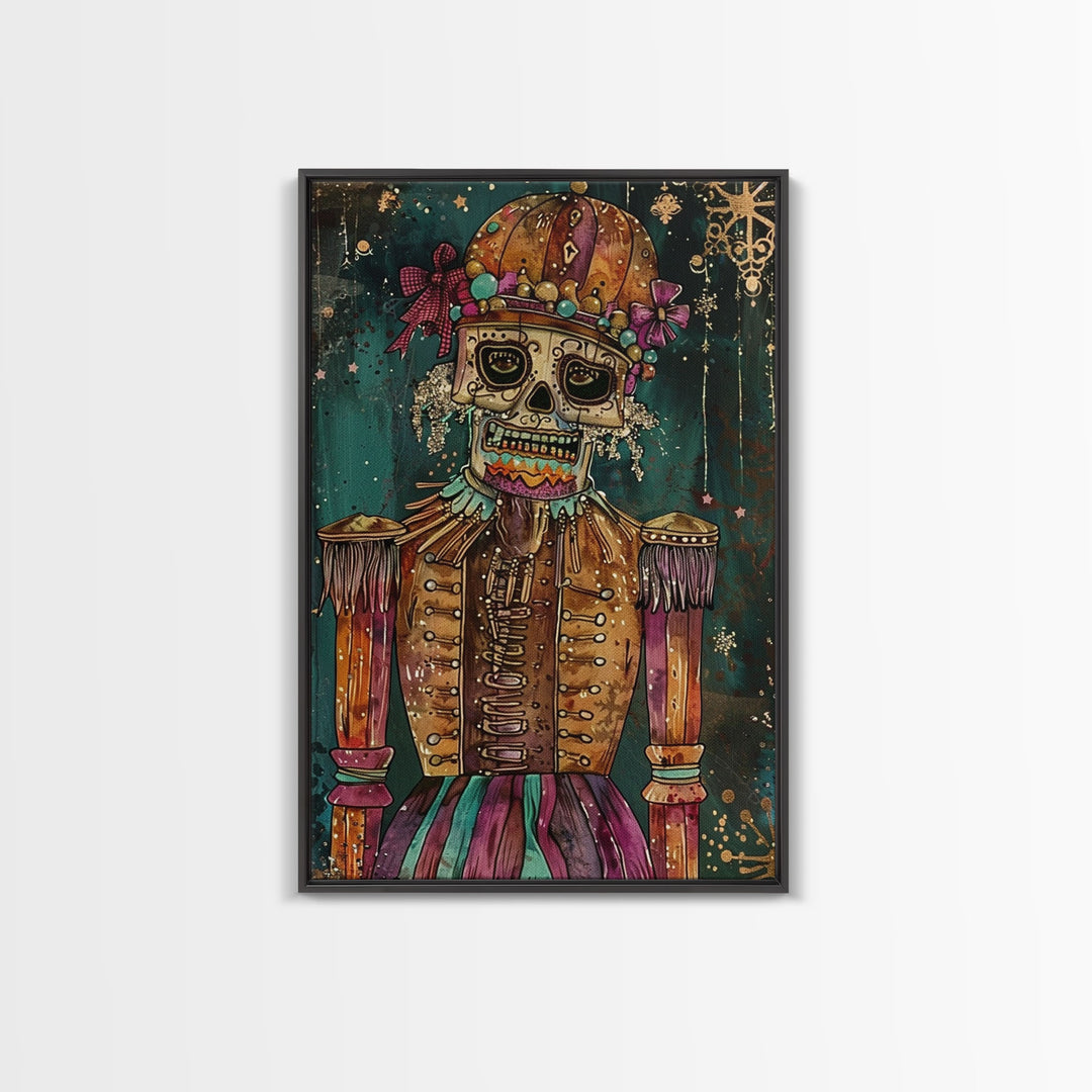 Skeleton Nutcracker in Festive Attire Framed Canvas Print, Halloween Nutcracker Decor, Spooky Art, Haunted Toy Wall Art, Nutcracker Print