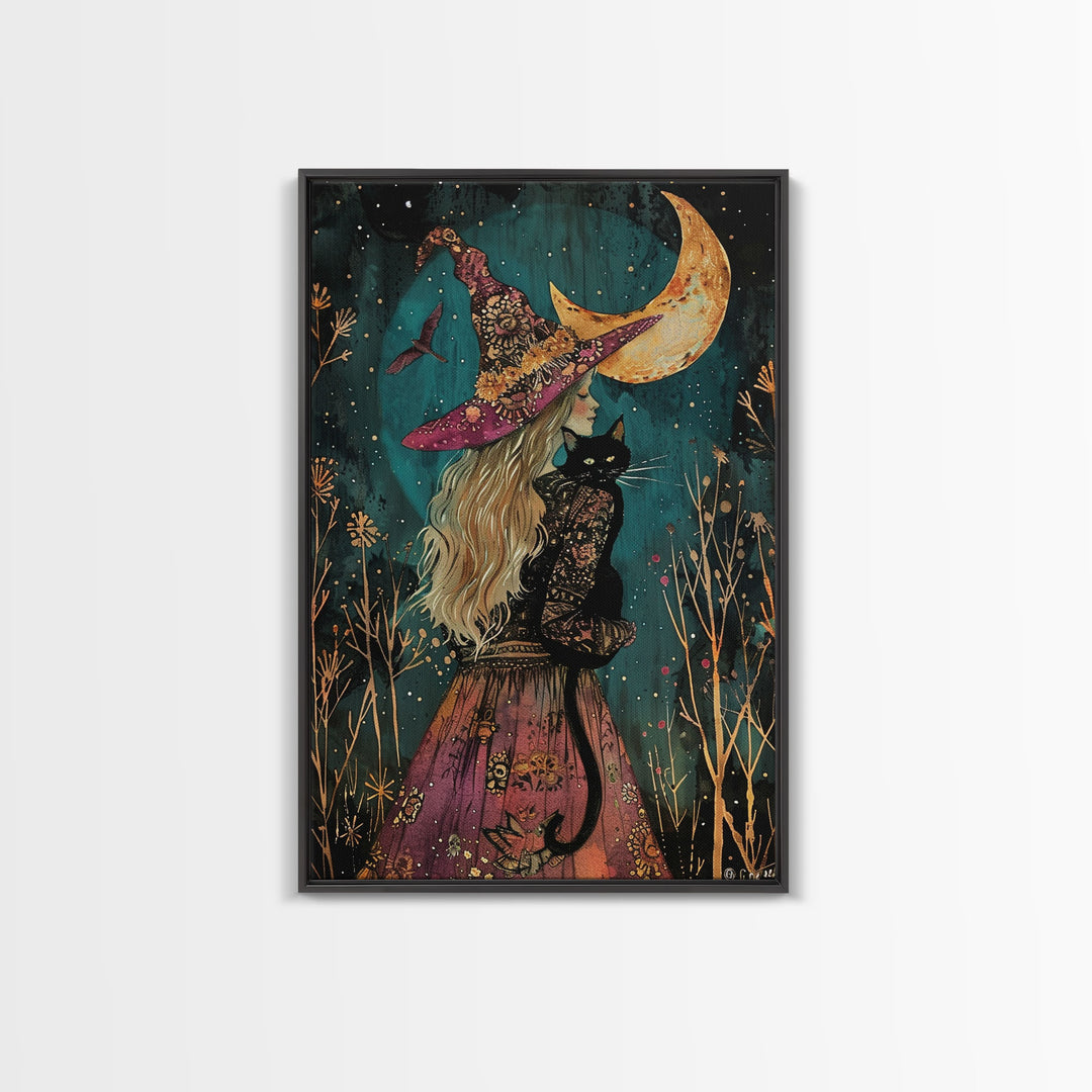 The Witch And The Black Cat Framed Canvas Print, Cottage Core Witchy Art, Halloween Trinket, Halloween Wall Art, Spooky Wall Art, Home Decor