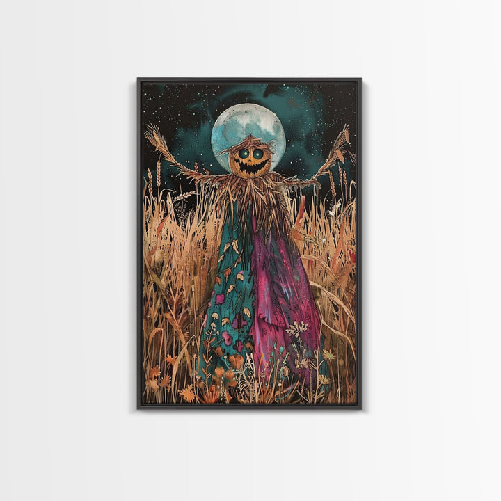 Spooky Scarecrow in Field Framed Canvas Print, Haunted Field Decor, Halloween Scarecrow Art, Eerie Harvest Wall Art, Creepy Scarecrow Print