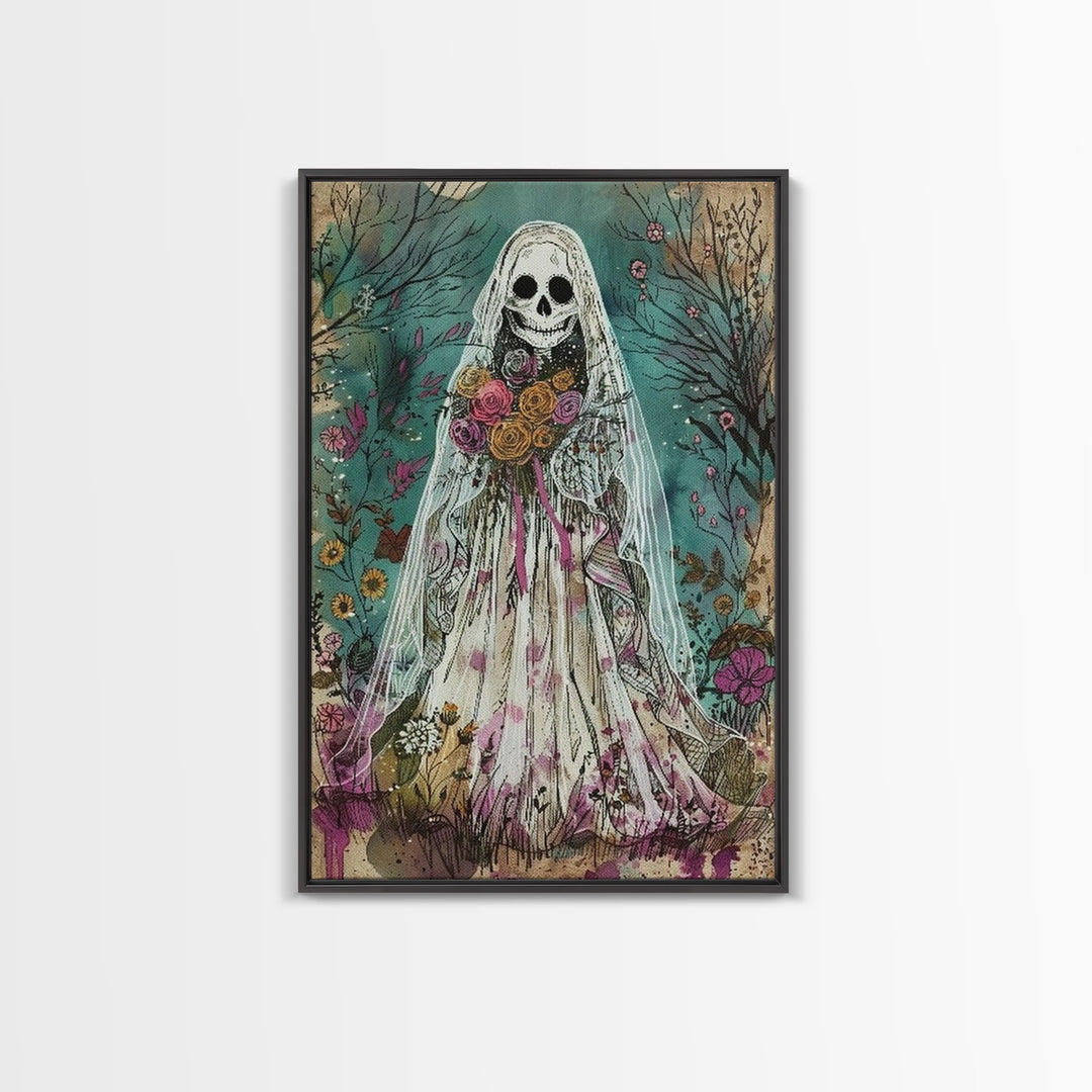 The Ghostly Bride, Cottage Core Ghost Decor, Cottagecore Halloween Art Framed Canvas Print, Unique Wall Art, Spooky Season Decor