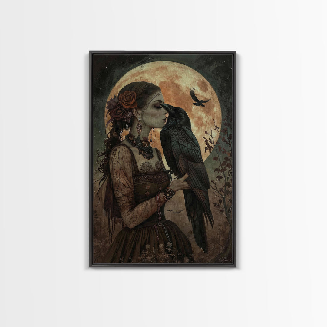 The Witch And The Raven, Framed Canvas Print, Raven Familiar, Victorian Witch Painting, Halloween Decor, Halloween Trinket, Spooky Wall Art