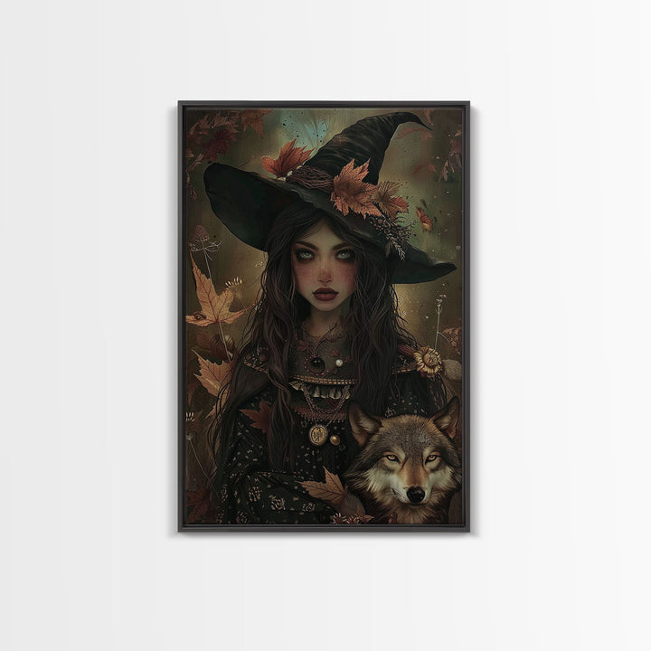 The Witch And The Wolf Framed Canvas Print, Spooky Halloween Wall Art, Halloween Prop, Halloween Products, Canvas Art, Home Decor