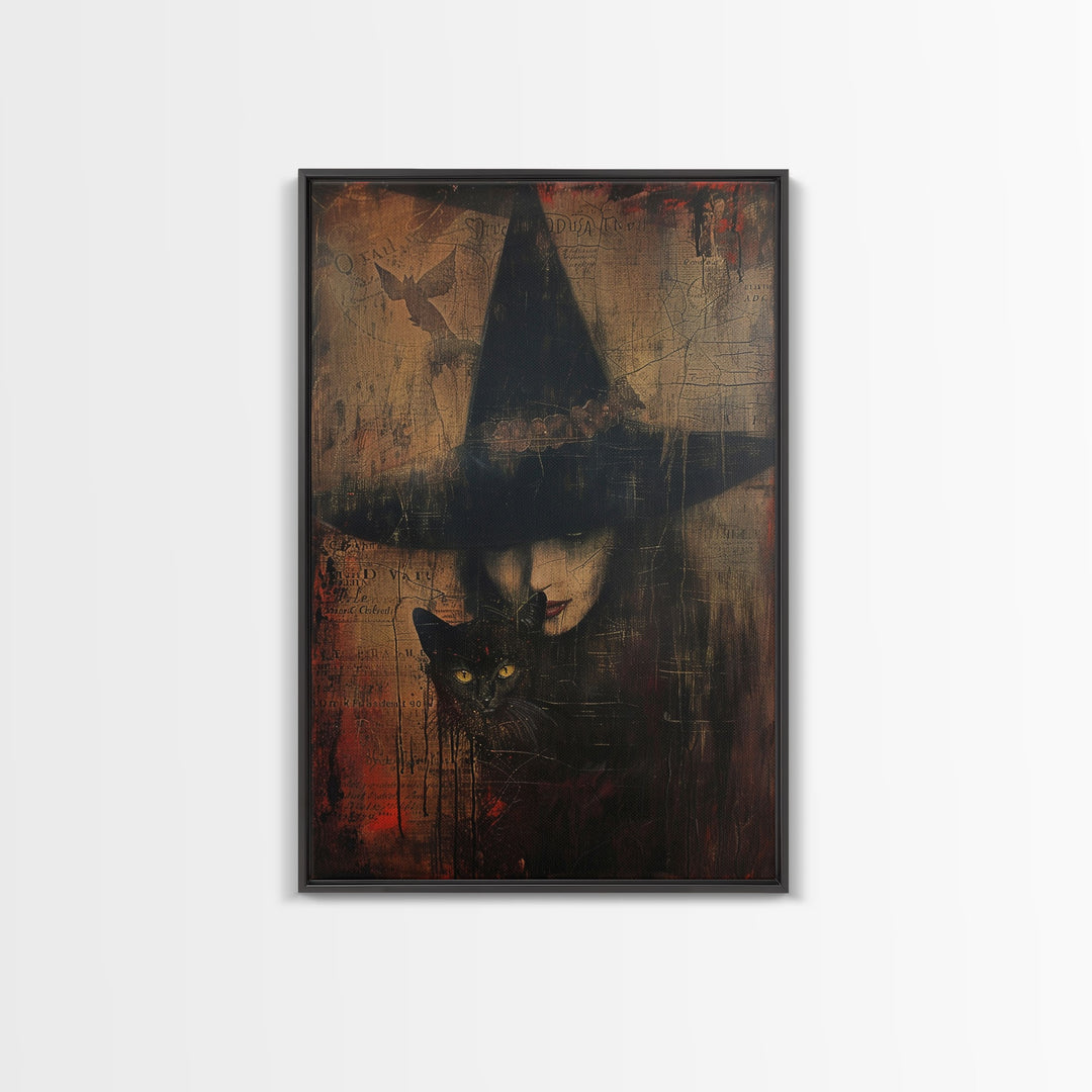 Witch And Black Cat Framed Canvas Print, Spooky Halloween Decor, Framed Canvas, Vintage and Distressedd Halloween Wall Art, Spooky Vibes