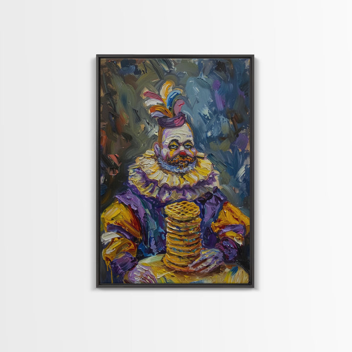 Whimsical Clown with Pancakes Framed Canvas Print | Halloween Circus Art | Spooky Clown Decor | Fun Circus Clown Art for Home Decoration