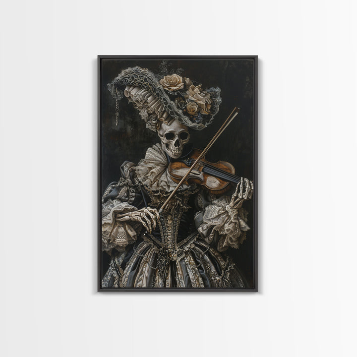 Victorian Skeleton Violinist Framed Canvas Print, Halloween Art, Creepy Wall Art, Spooky Home Decor, Scary Art, Gothic Living Room Decor