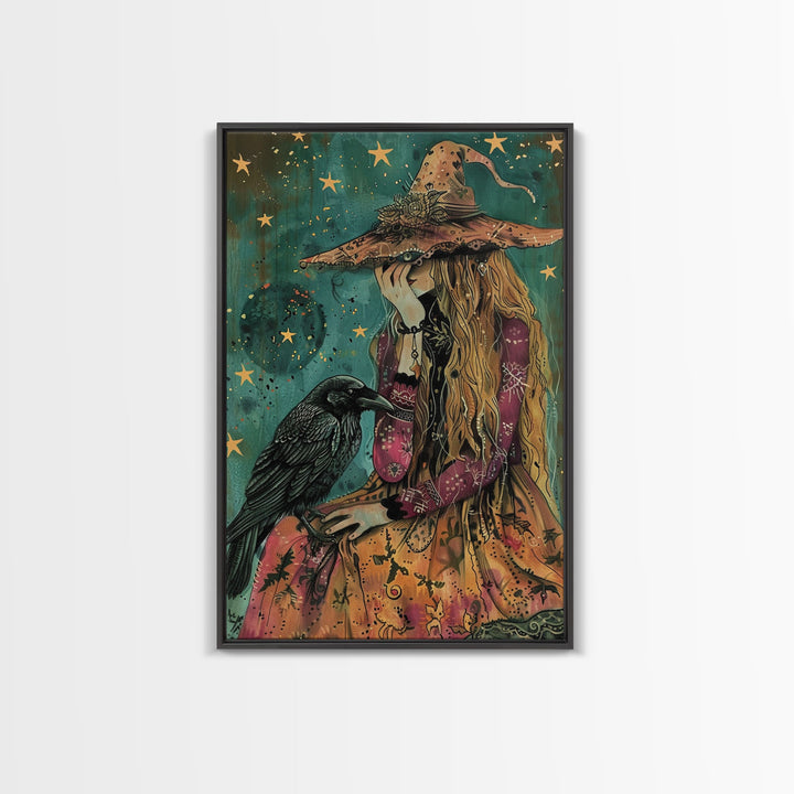 The Witch and her Sassy Raven Framed Canvas Print, Spooky Decor, Halloween Art, Halloween Props / Gift Idea, Spooky Decor, Home Decor