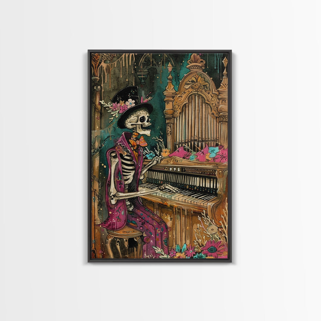 Skeleton Playing Organ in Gothic Church - Day of the Dead Skeleton Musician - Gothic Halloween Art - Skeleton Decor for Halloween