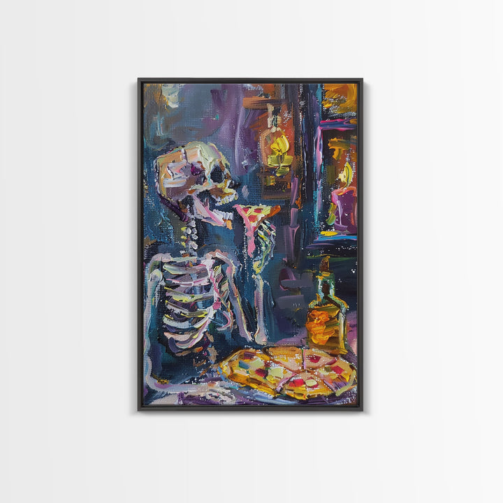 The Hungry Skeleton Chomps a Pizza, Funny Halloween Art, Framed Canvas, Halloween Poster