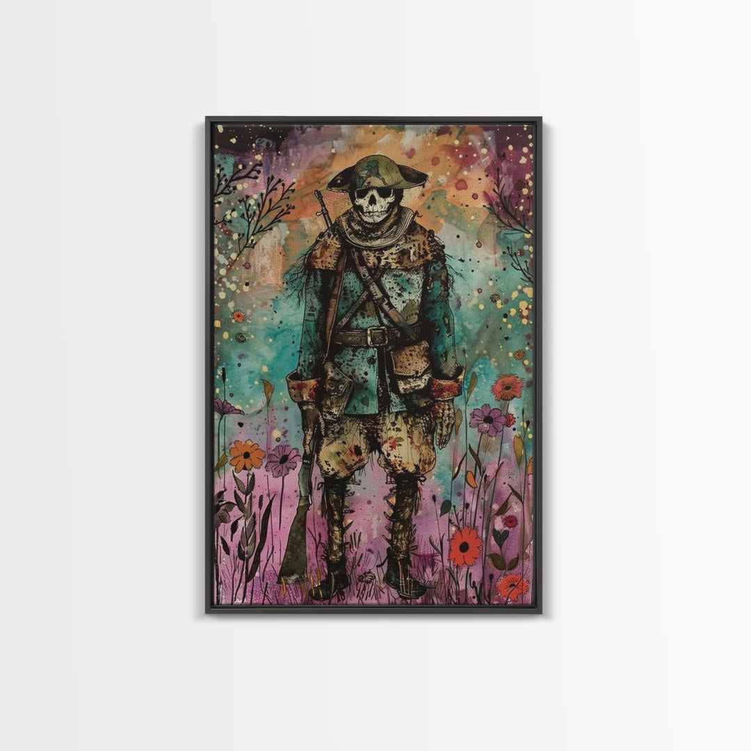 Skeleton Soldier Stands Amid Colorful Blooms, Blending Historical Charm and Spooky Halloween Style for Unique Wall Art